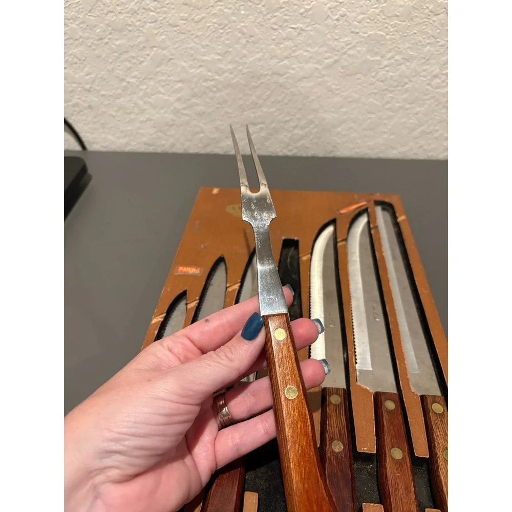VTG Forgecraft Olde Forge 7pc Knife & Meat Fork Set w/ Wood Wall Holder USA Made